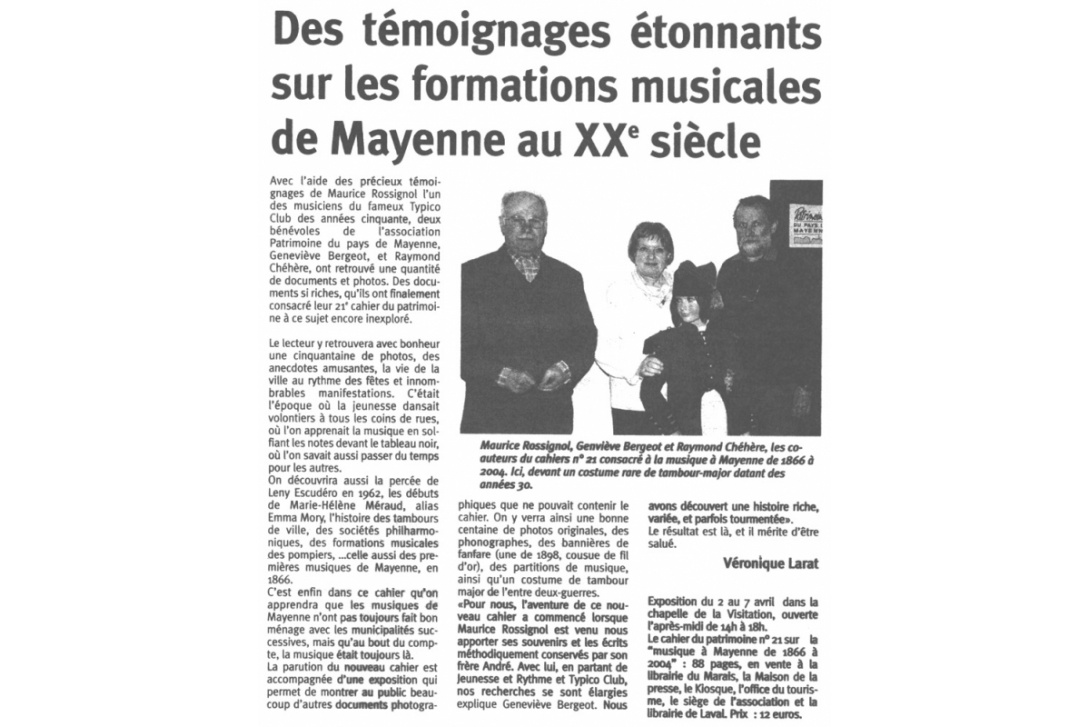 Cahier n° 21, la musique à Mayenne - Courrier de la Mayenne du 1er avril 2004
