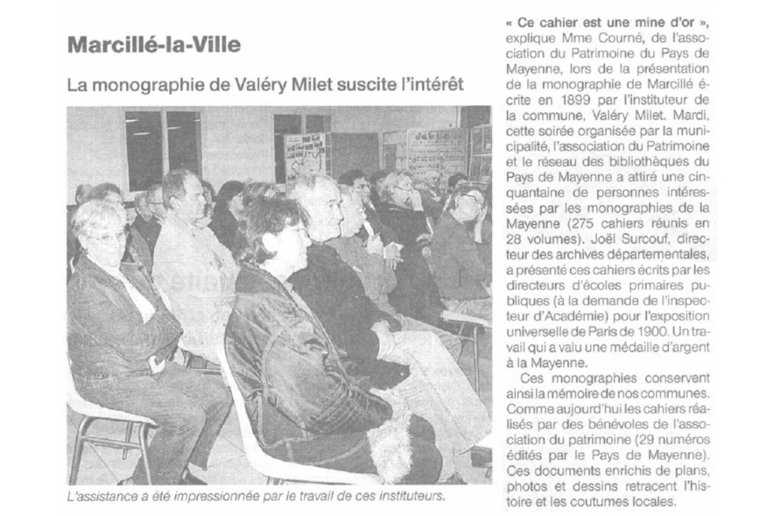 Cahier n° 30, Marcillé-la-Ville - Conférence de Joël Surcouf  (AD53) monographie de la commune, O.-F. du 30/11/2008