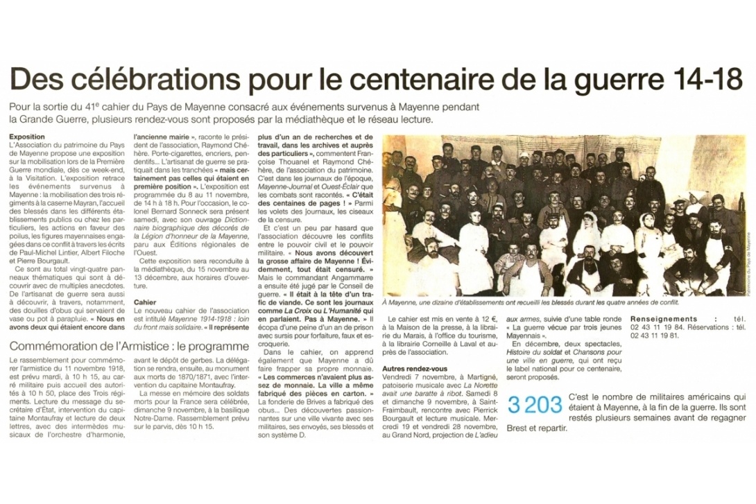 Cahier n° 41, Mayenne 1914-1918 - Ouest-France du 6 novembre 2014