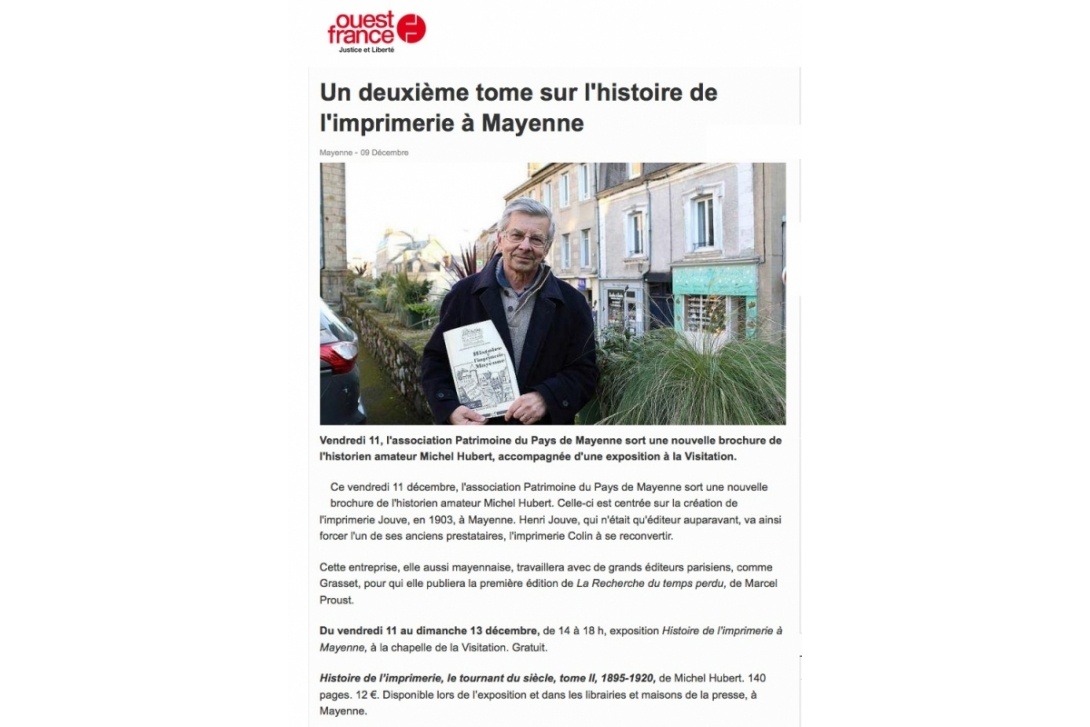 Cahier n° 42, l'Imprimerie à Mayenne, Tome II : Article Ouest France du 9 décembre 2015 (version numérique)