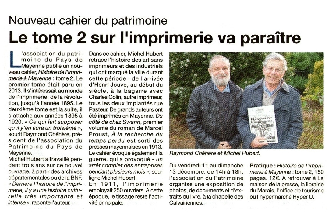 Cahier n° 42, l'Imprimerie à Mayenne, Tome II : Article du Courrier de la Mayenne du 16 décembre 2015, version papier