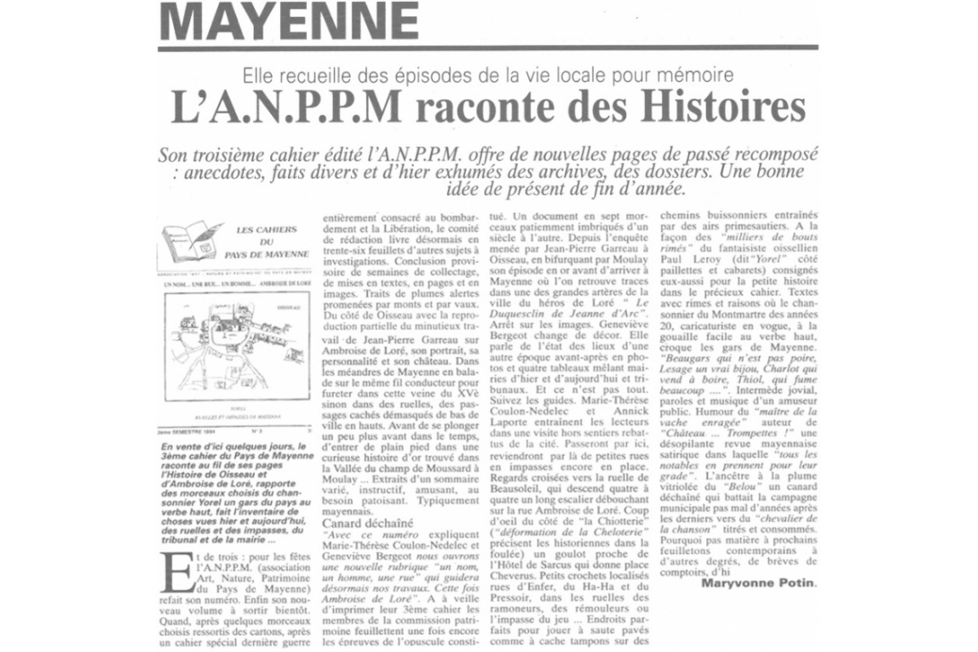Cahier n° 3 - Oisseau, Ambroise de Loré ... : Annonce Courrier de la Mayenne du 15 décembre 1994