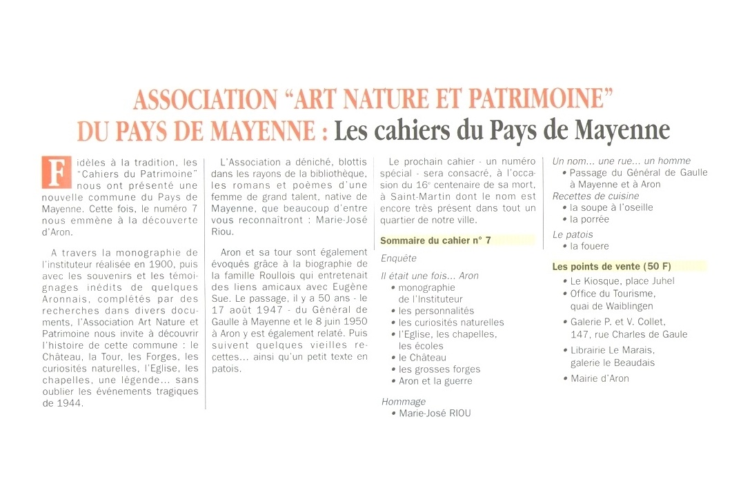 Cahier n° 7 - Aron ..., le Général de Gaulle à Aron et à Mayenne : Journal municipal d'informations n° 128, novembre 1997