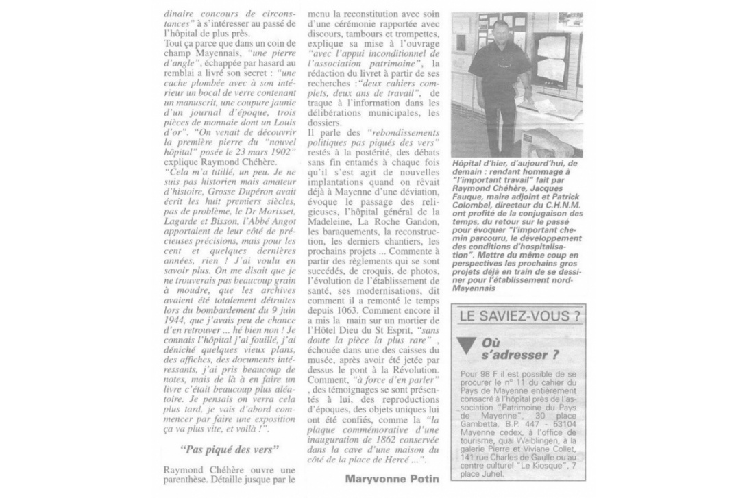 L'Hôpital de Mayenne, Cahier N° 11 - Courrier de la Mayenne du 17 juin 1999, page 2/2
