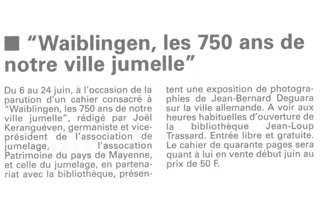 Cahier n° 13, Waiblingen - Courrier de la Mayenne du 1er juin 2000