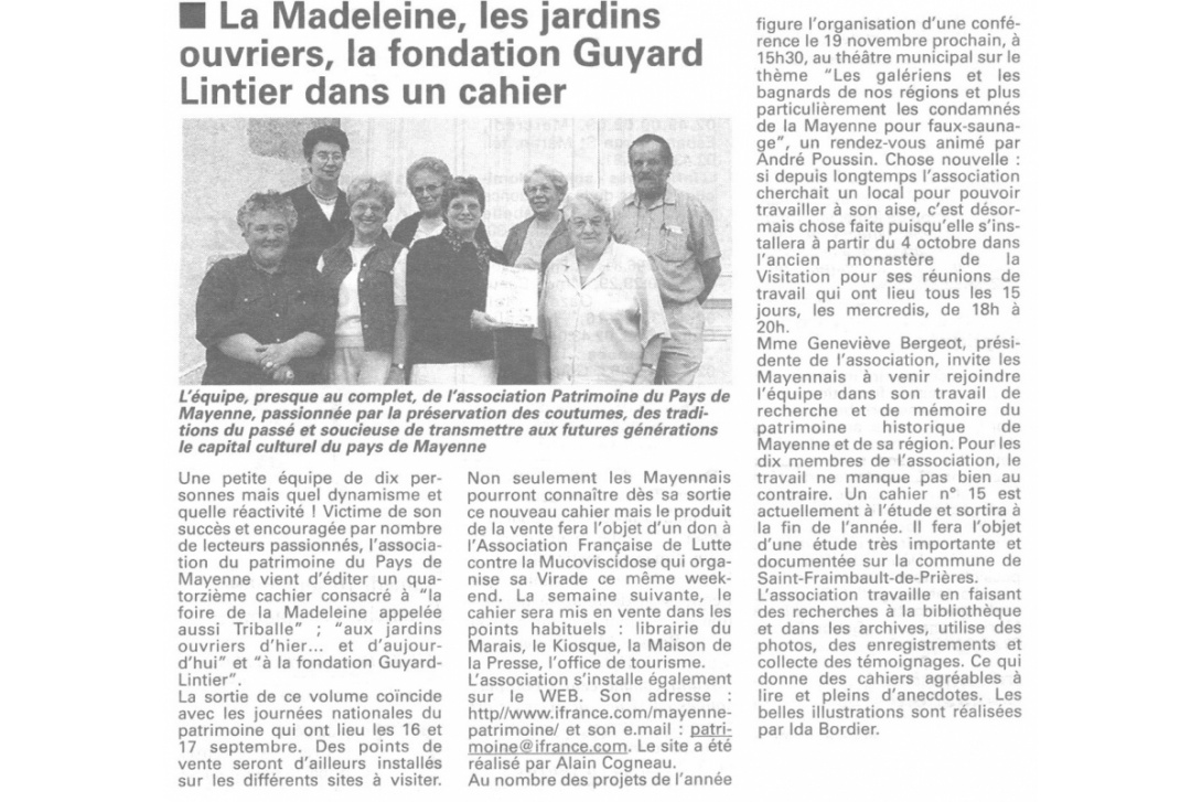 Cahier n° 14, La Madeleine, les jardins ouvriers, la fondation Guyard-Lintier - Courrier de la Mayenne du 14 septembre 2000