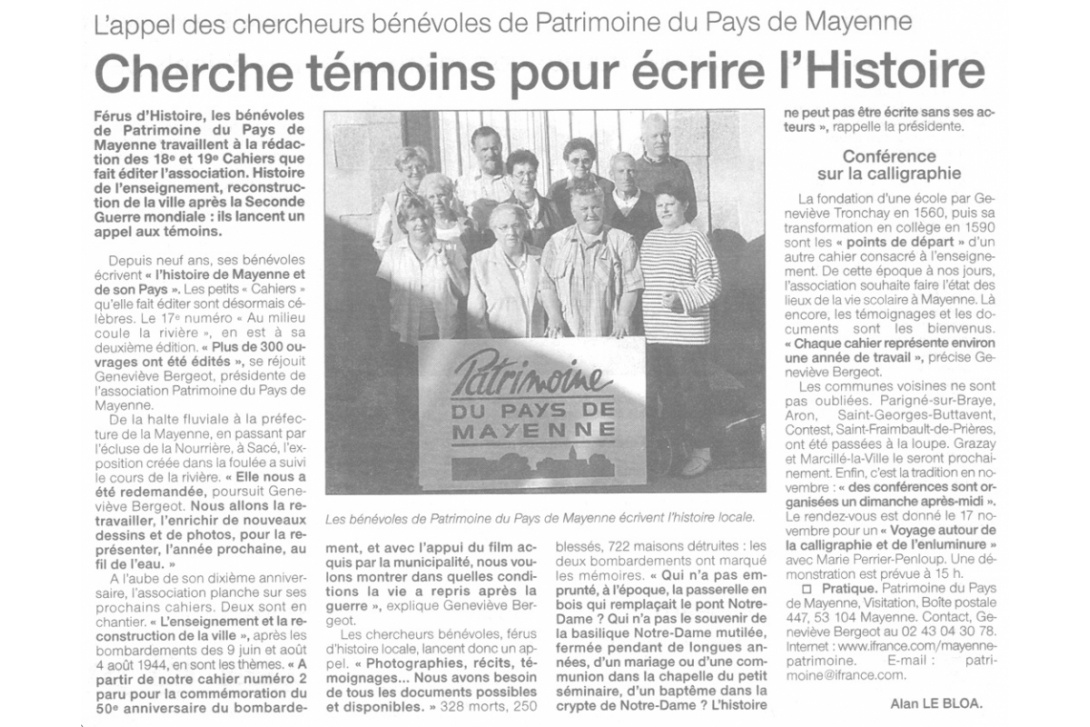 La Calligraphie - Annonce Ouest-France du 6 novembre 2002