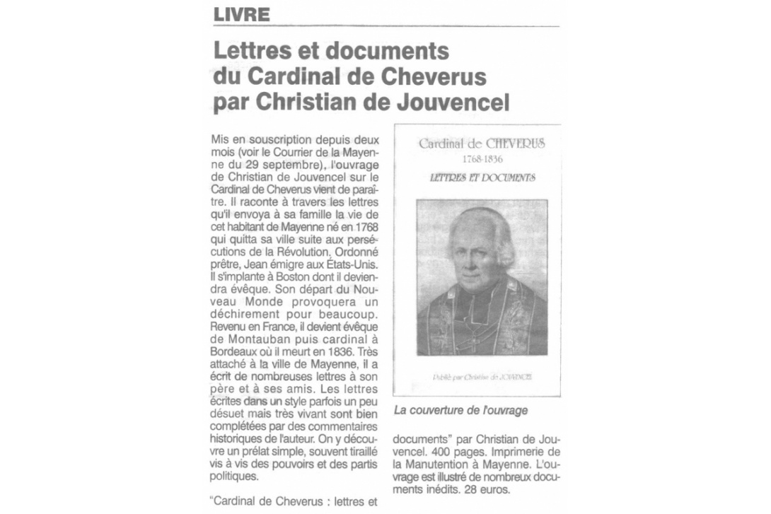 Le Cardinal de Cheverus - Conférence de Christian de Jouvencel au théâtre de Mayenne - Courrier de la Mayenne Novembre 2005