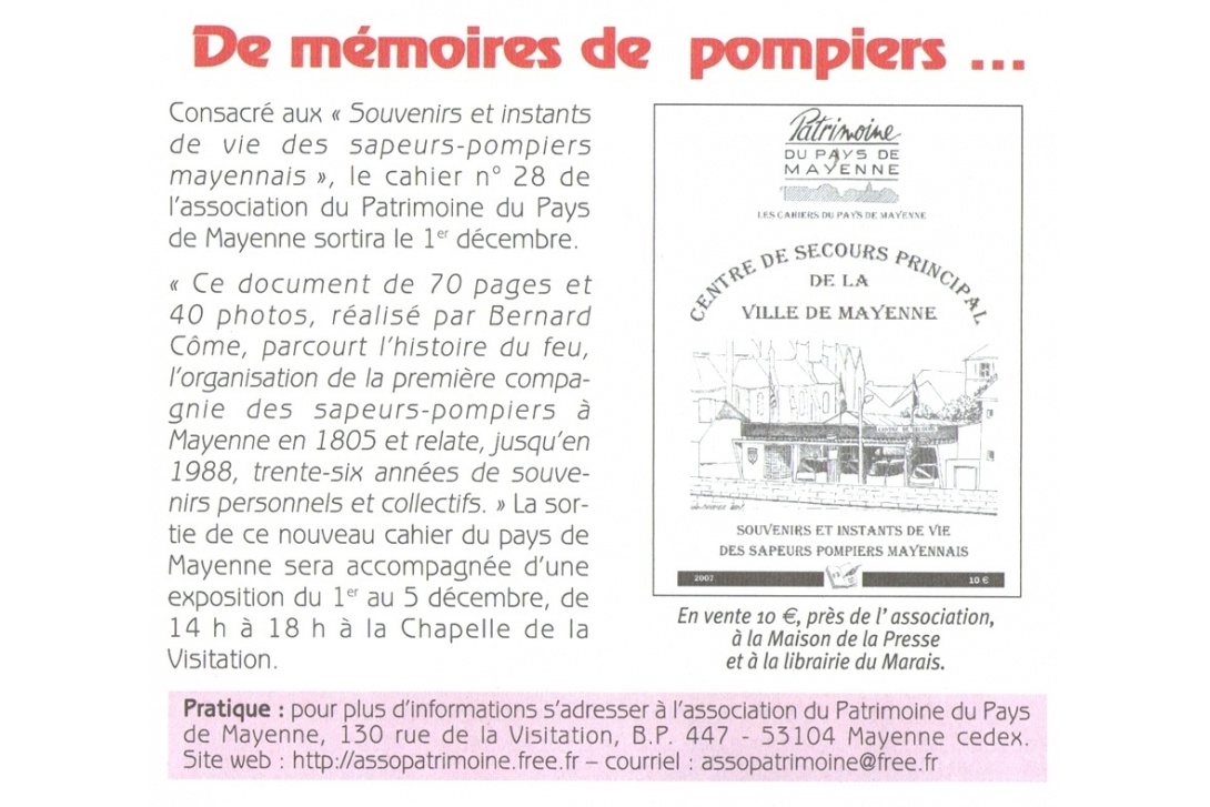 Cahier n° 28, Centre de Secours Principal de la Ville de Mayenne - Journal Municipal d'Informations n° 181, Novembre 2007