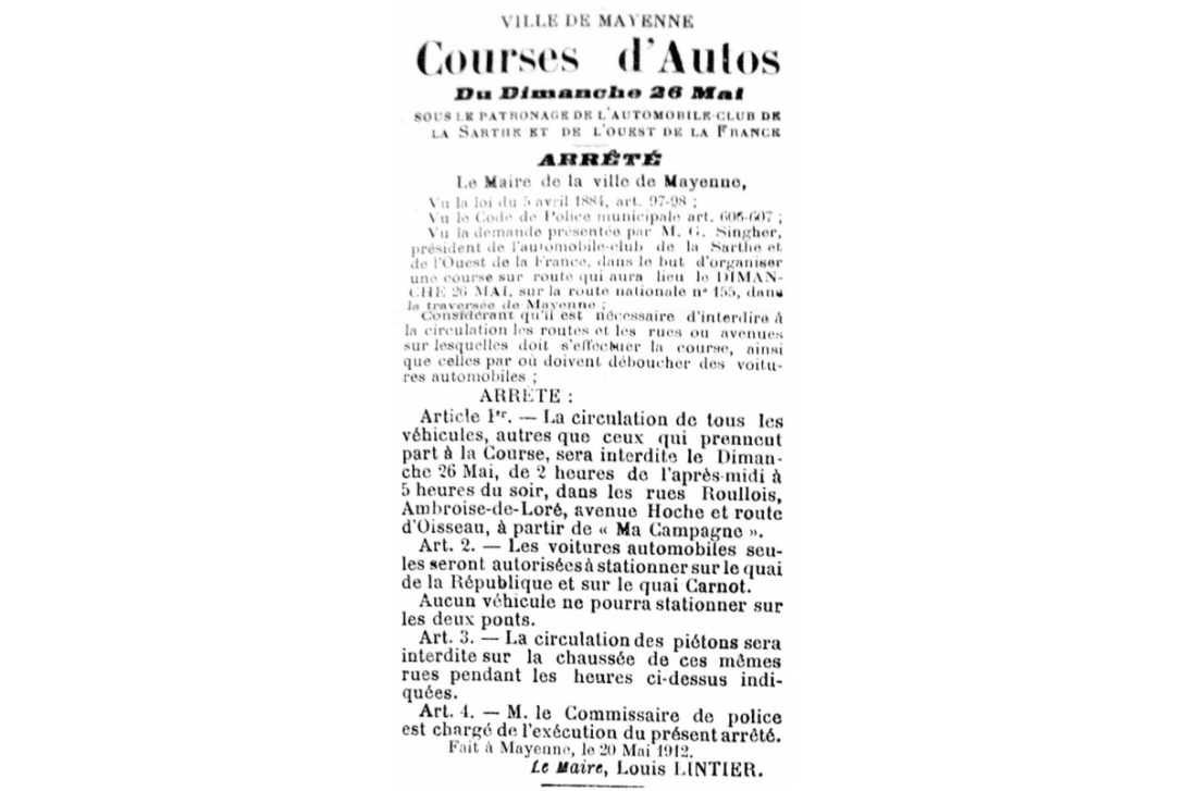 Cahier n° 37, Première course de côte à Mayenne en 1912 - Arrêté municipal de 1912