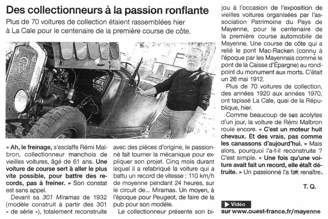 Cahier n° 37, Première course de côte à Mayenne en 1912 - Ouest-France dimanche du 27 mai 2012