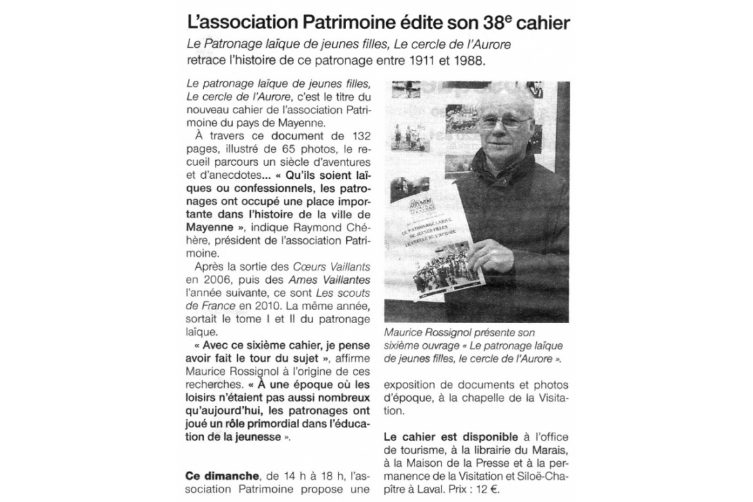 Cahier n° 38, Patronage laïque de jeunes filles, Cercle de l'Aurore - Ouest-France du 28 octobre 2012