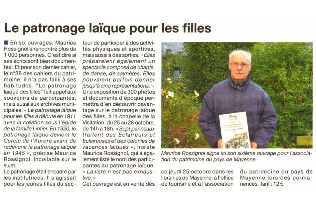 Cahier n° 38, Patronage laïque de jeunes filles, Cercle de l'Aurore - Courrier de la Mayenne du 25 octobre 2012