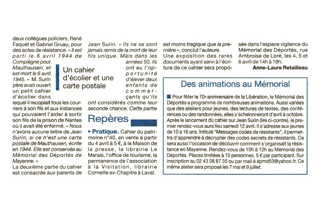 Cahier n° 40, Jean Surin - Courrier de la Mayenne du 27 mars 2014 (p. 2/2)
