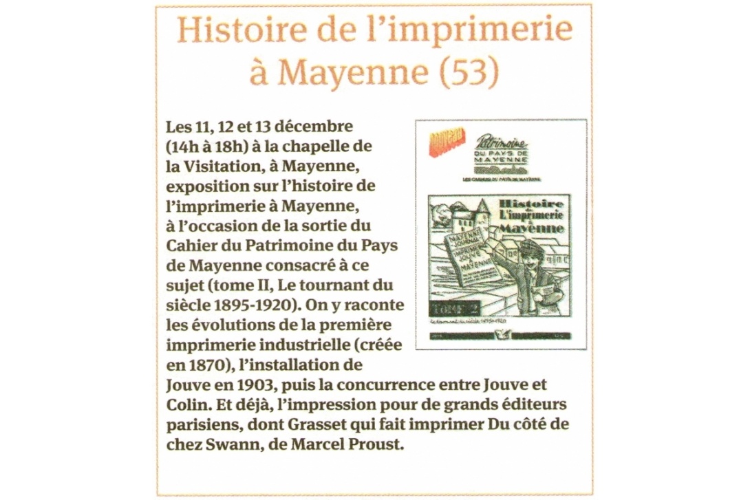 Cahier n° 42, l'Imprimerie à Mayenne, Tome II : Article de l'Avenir Agricole du 11 décembre 2015