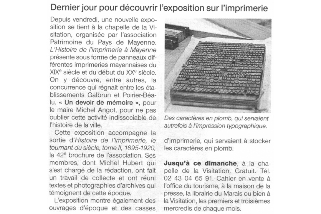 Cahier n° 42, l'Imprimerie à Mayenne, Tome II : Article Dimanche Ouest-France du 13 décembre 2015