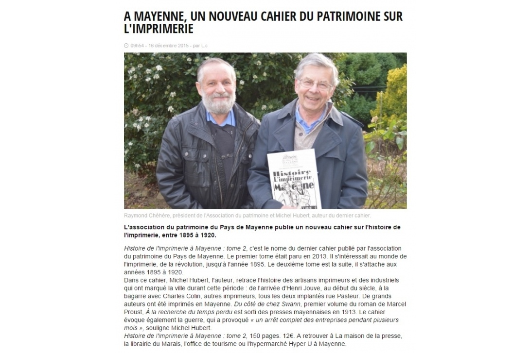 Cahier n° 42, l'Imprimerie à Mayenne, Tome II : Article du Courrier de la Mayenne du 10 décembre 2015, version numérique