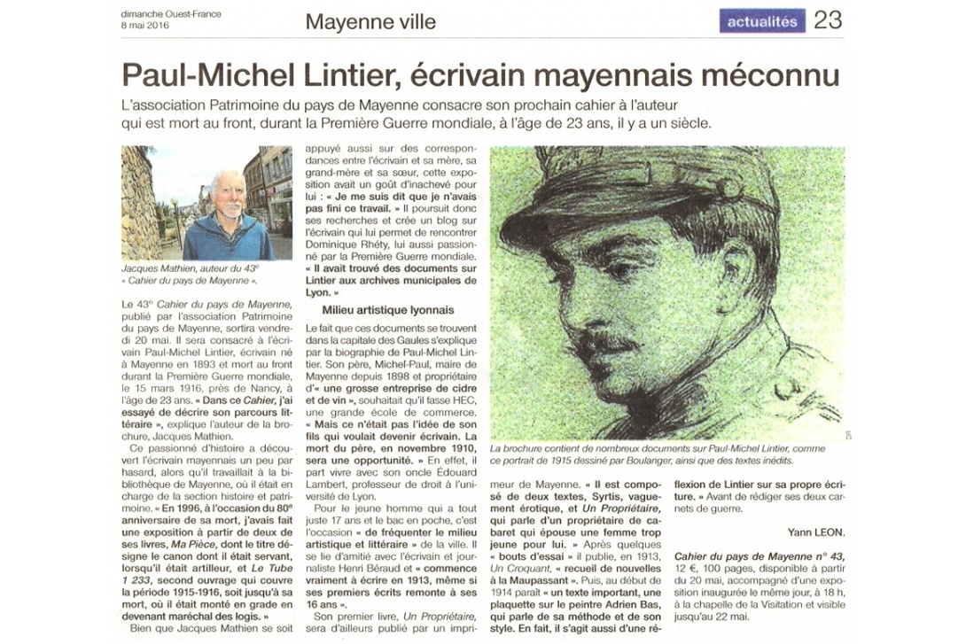 Cahier n° 43, Paul-Michel Lintier : Article Dimanche Ouest-France du 8 mai 2016