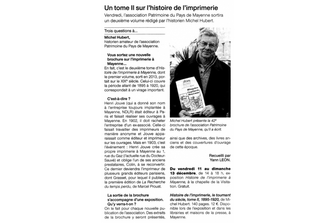 Cahier n° 42, l'Imprimerie à Mayenne, Tome II : Article Ouest France du 9 décembre 2015 (version papier)