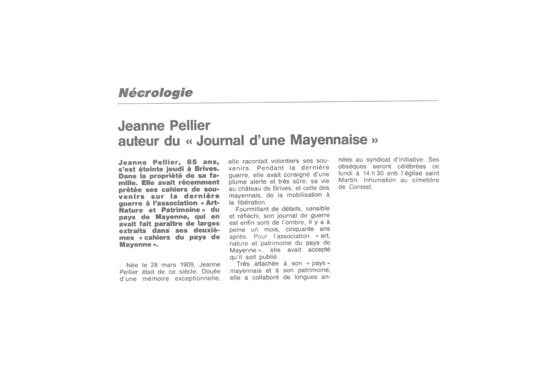 Jeanne Pellier : une source d'inspiration, O-F du 27 juin 1994